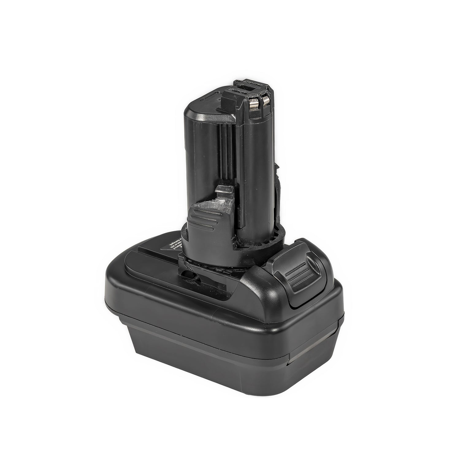 Milwaukee M18 to Dremel 12V 8220/8250 battery adapter - tool-side stem above the body, ribbed release catch at the side