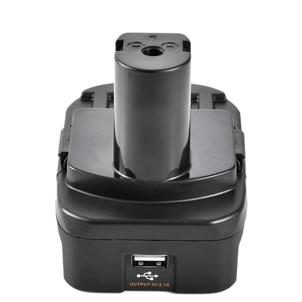 Milwaukee M18 to Ryobi 18V ONE+ battery adapter - front view, Ryobi post centred above the USB port