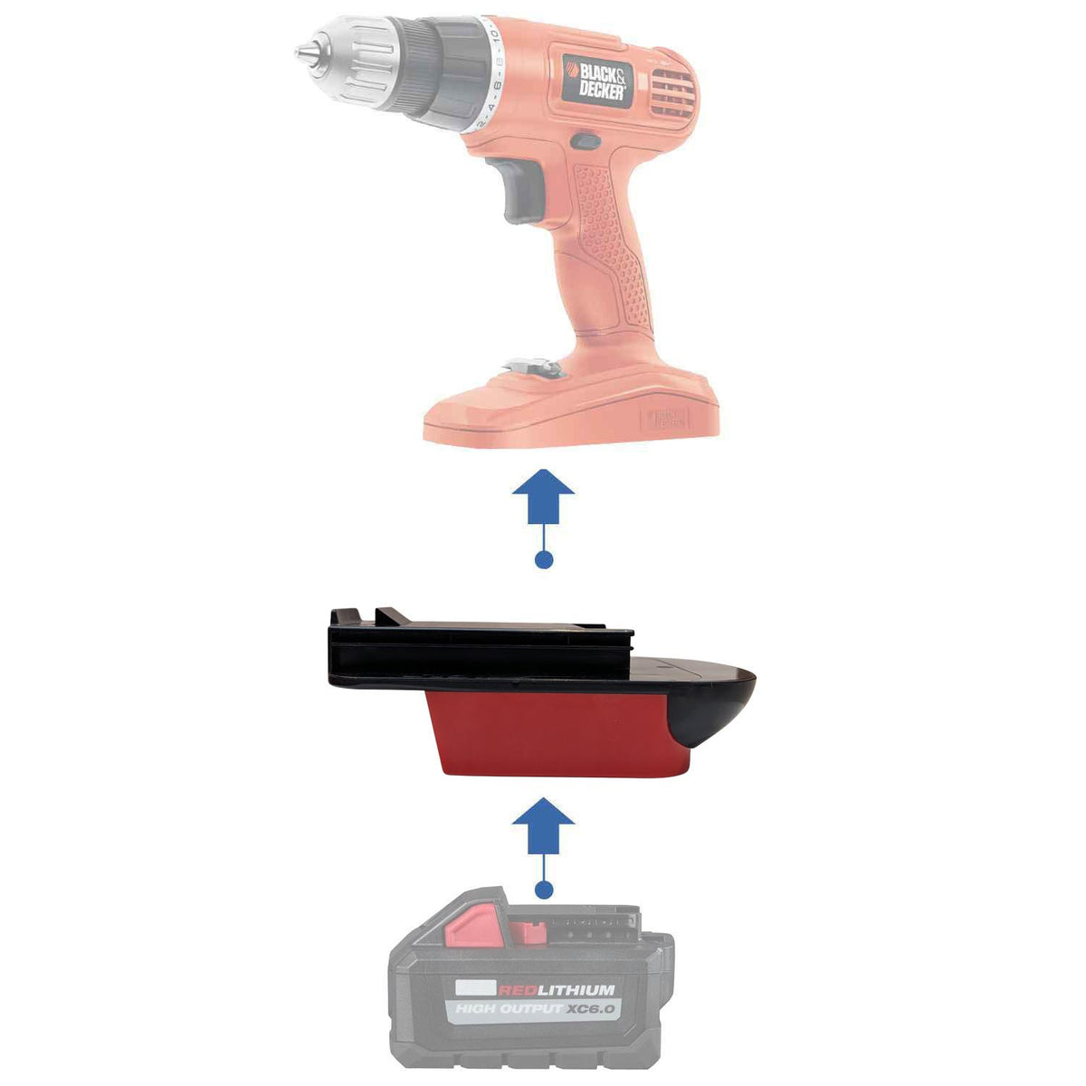 Milwaukee M18 to Black and Decker 18V Ni-Cd battery adapter - compatibility diagram showing battery, adapter and drill