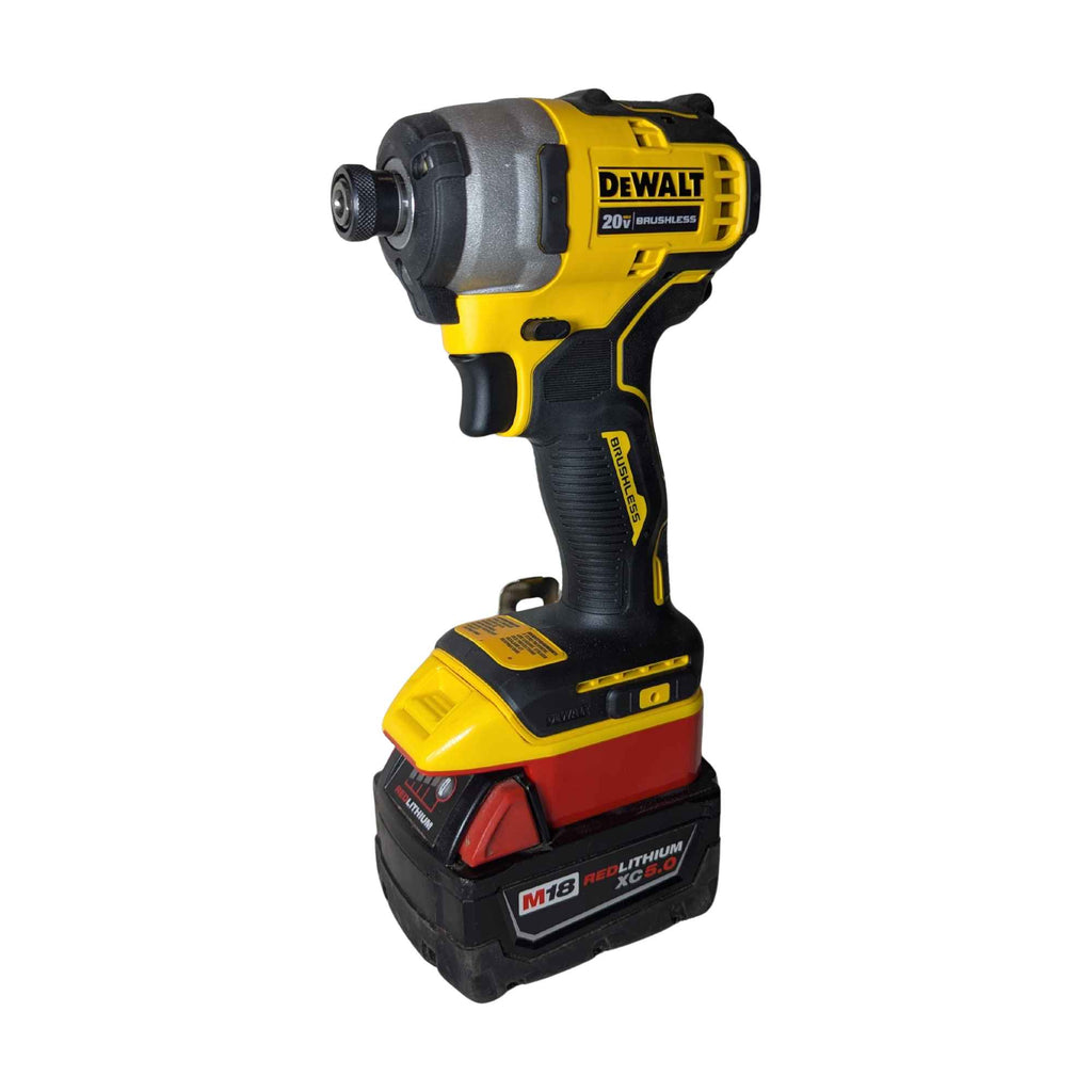 Milwaukee M18 to DeWalt 20V MAX battery adapter - installed on a DeWalt impact driver with the Milwaukee battery attached