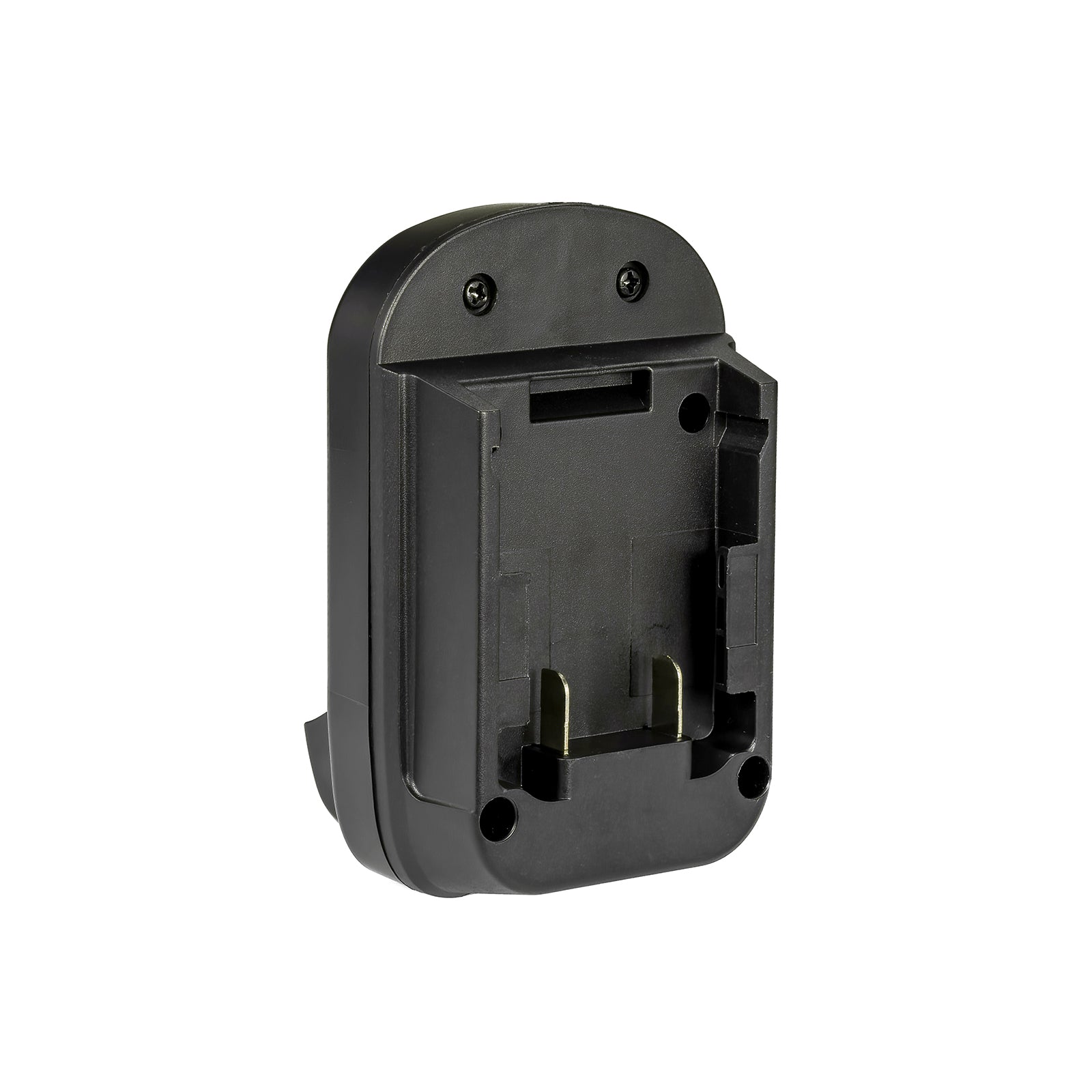 Milwaukee M18 to DeWalt 12V MAX battery adapter - battery-side connection, two upright terminal blades and latch slot