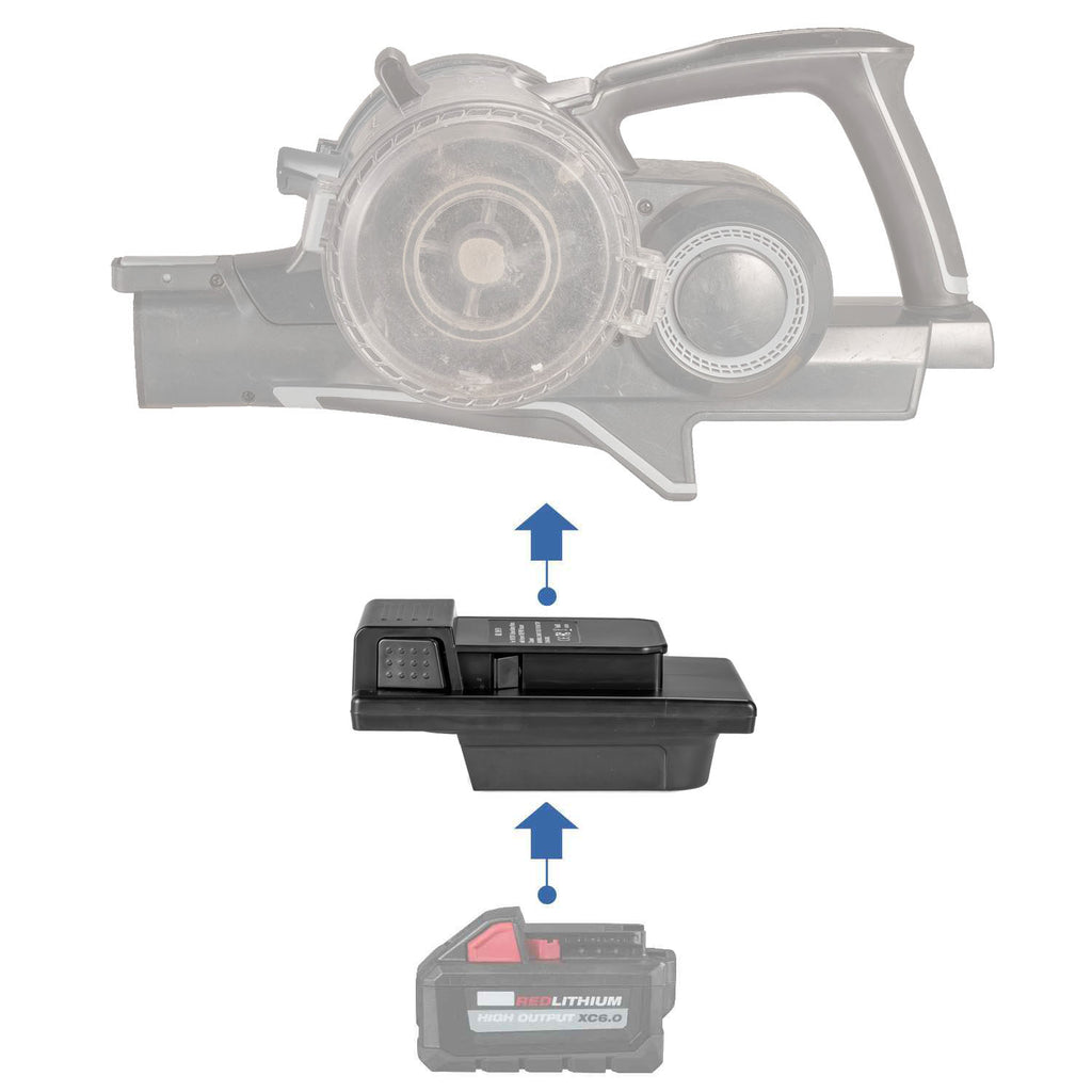 Milwaukee M18 to Hoover 20V ONEPWR battery adapter - compatibility diagram showing battery, adapter and cordless vacuum