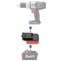Milwaukee M18 to Porter Cable 18V Ni-Cd battery adapter - compatibility diagram showing battery, adapter and hammer drill