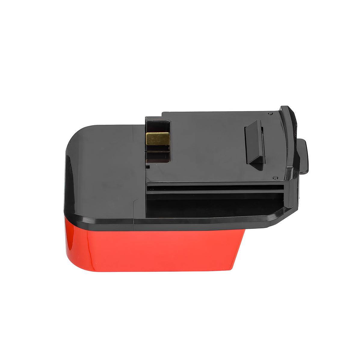 Milwaukee M18 to Porter Cable 18V Ni-Cd battery adapter - side view, tool-side connection over the red battery body