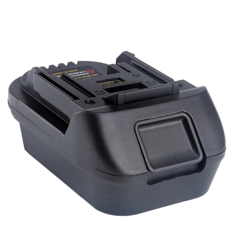 Milwaukee M18 to RIDGID Plumbing battery adapter - tool-side connection from the opposite end, USB port and a printed label
