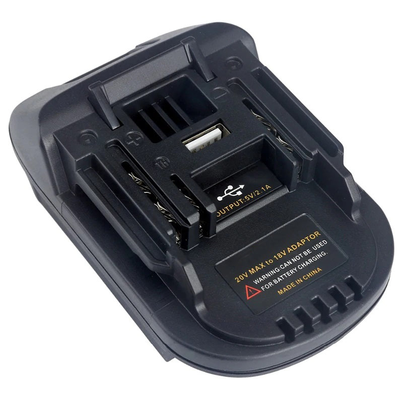 Milwaukee M18 to RIDGID Plumbing battery adapter - RIDGID tool-side connection with a recessed USB-A port, terminal slots