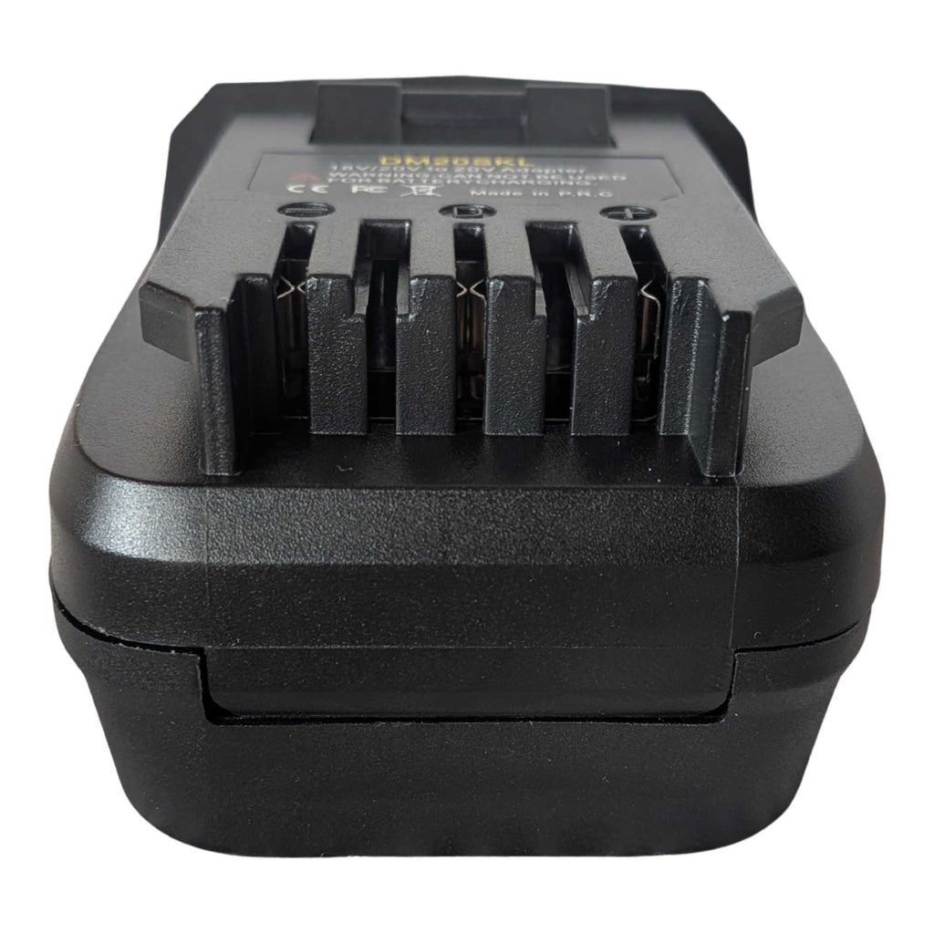Milwaukee M18 to SKIL 20V PWR CORE battery adapter - close-up of the SKIL tool-side connection, fins and terminal slots