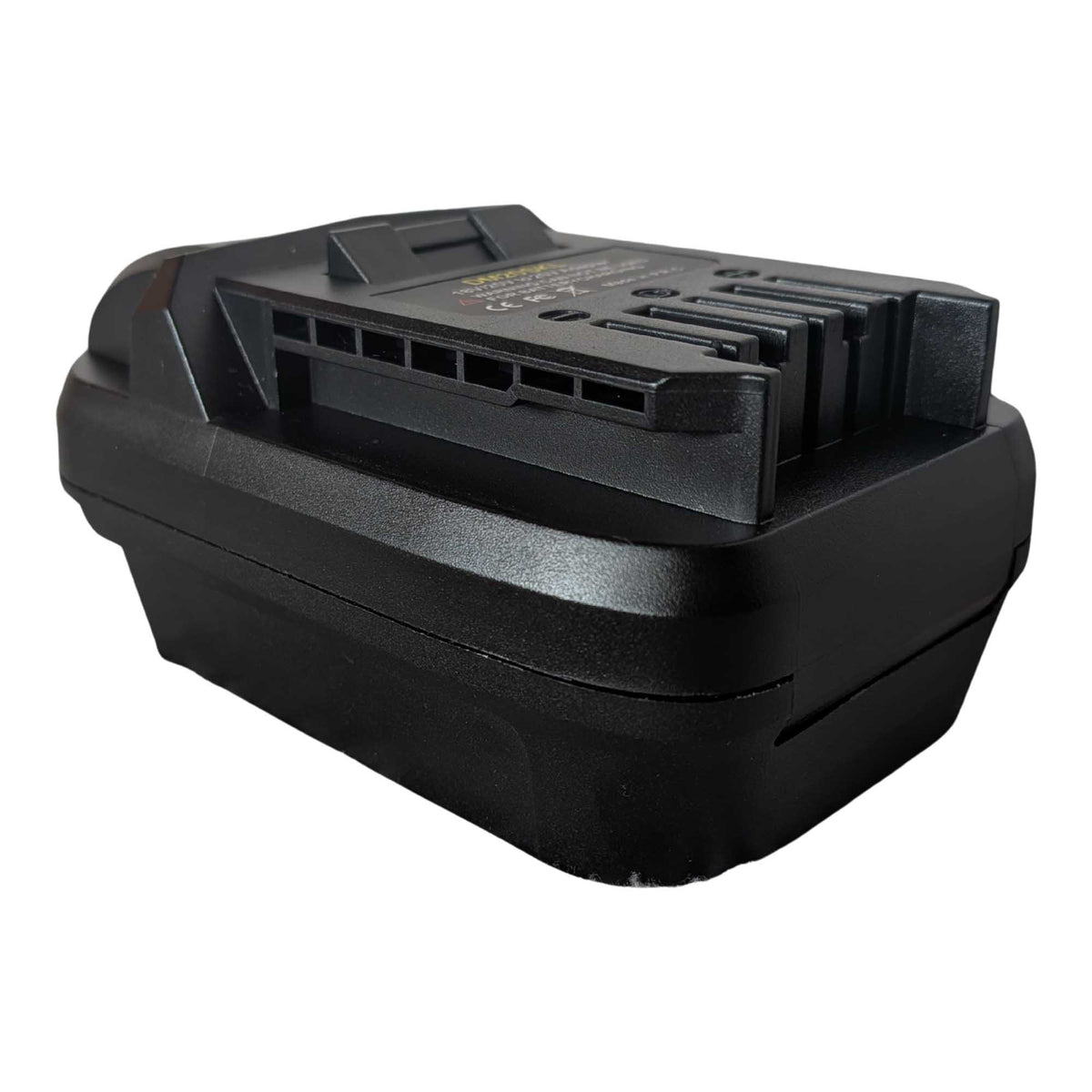Milwaukee M18 to SKIL 20V PWR CORE battery adapter - SKIL tool-side connection at the near end, raised fins beside the slots