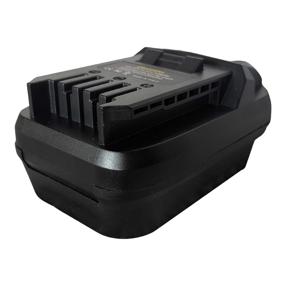 Milwaukee M18 to SKIL 20V PWR CORE battery adapter - SKIL tool-side connection at the near end, raised fins beside the slots