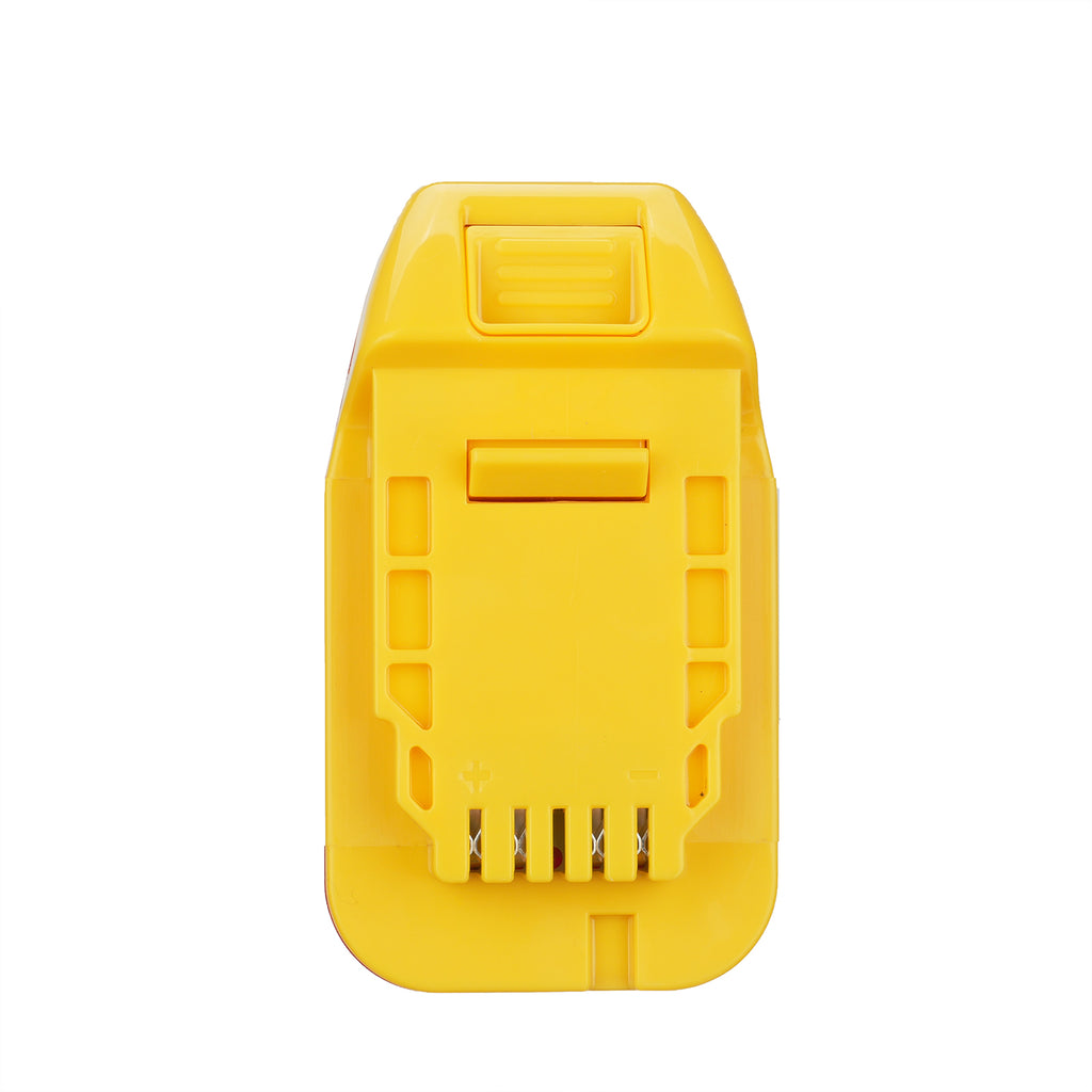 Porter Cable 20V to DeWalt 20V MAX battery adapter - DeWalt tool-side face from above, terminal slots with polarity marks