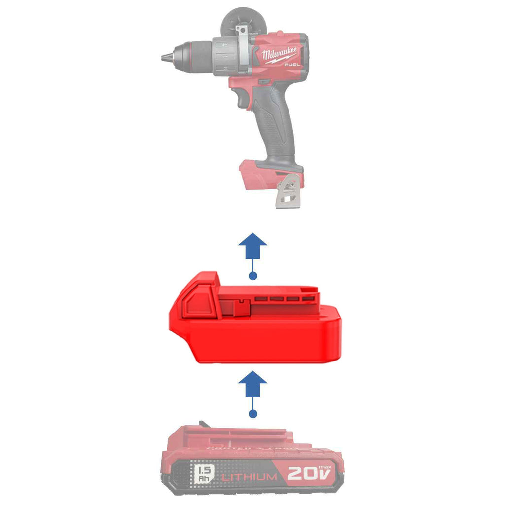 Porter Cable 20V to Milwaukee M18 battery adapter - compatibility diagram showing battery, adapter and drill driver