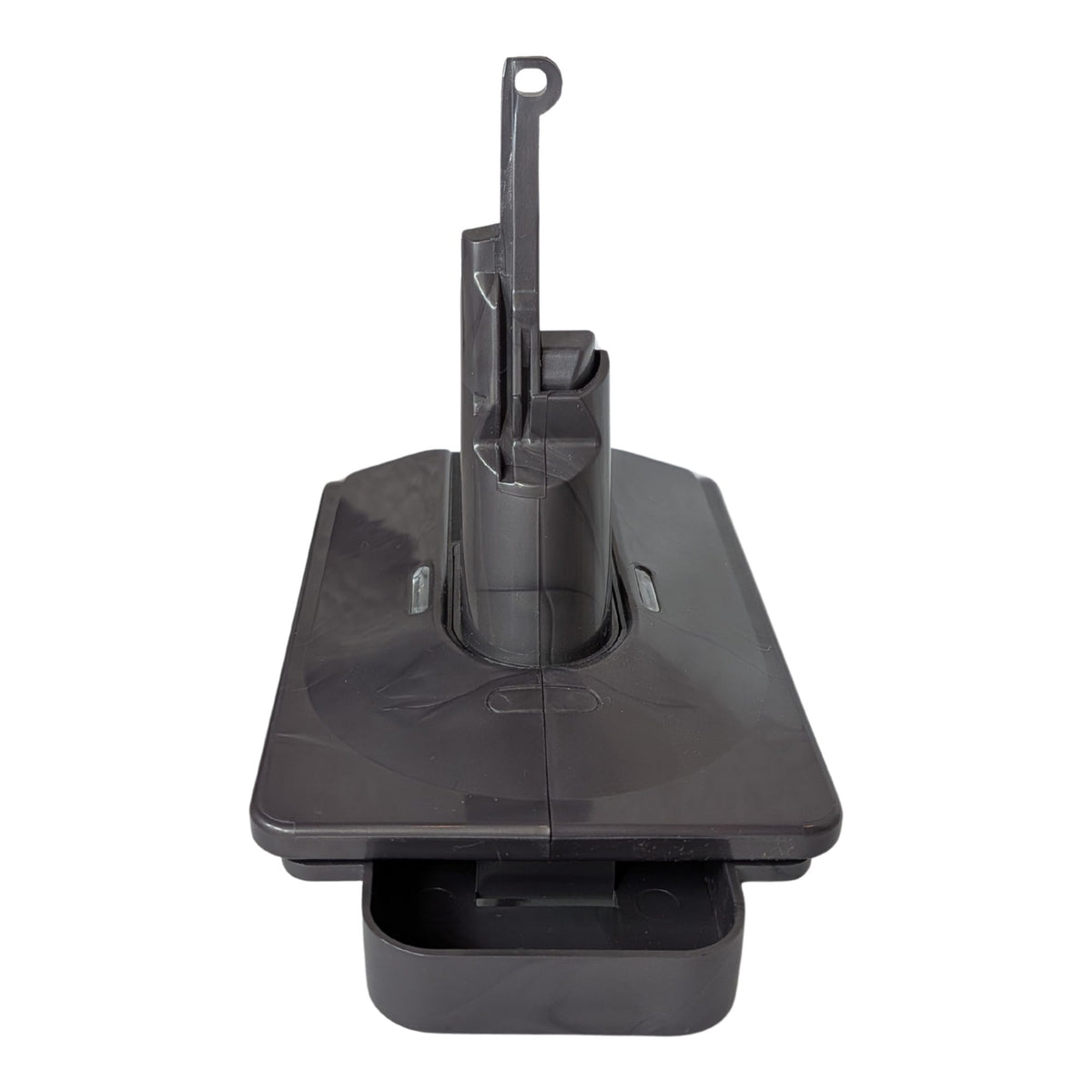 RIDGID 18V to Dyson V7 battery adapter - end view, Dyson tool-side stem centred above the battery-side channel
