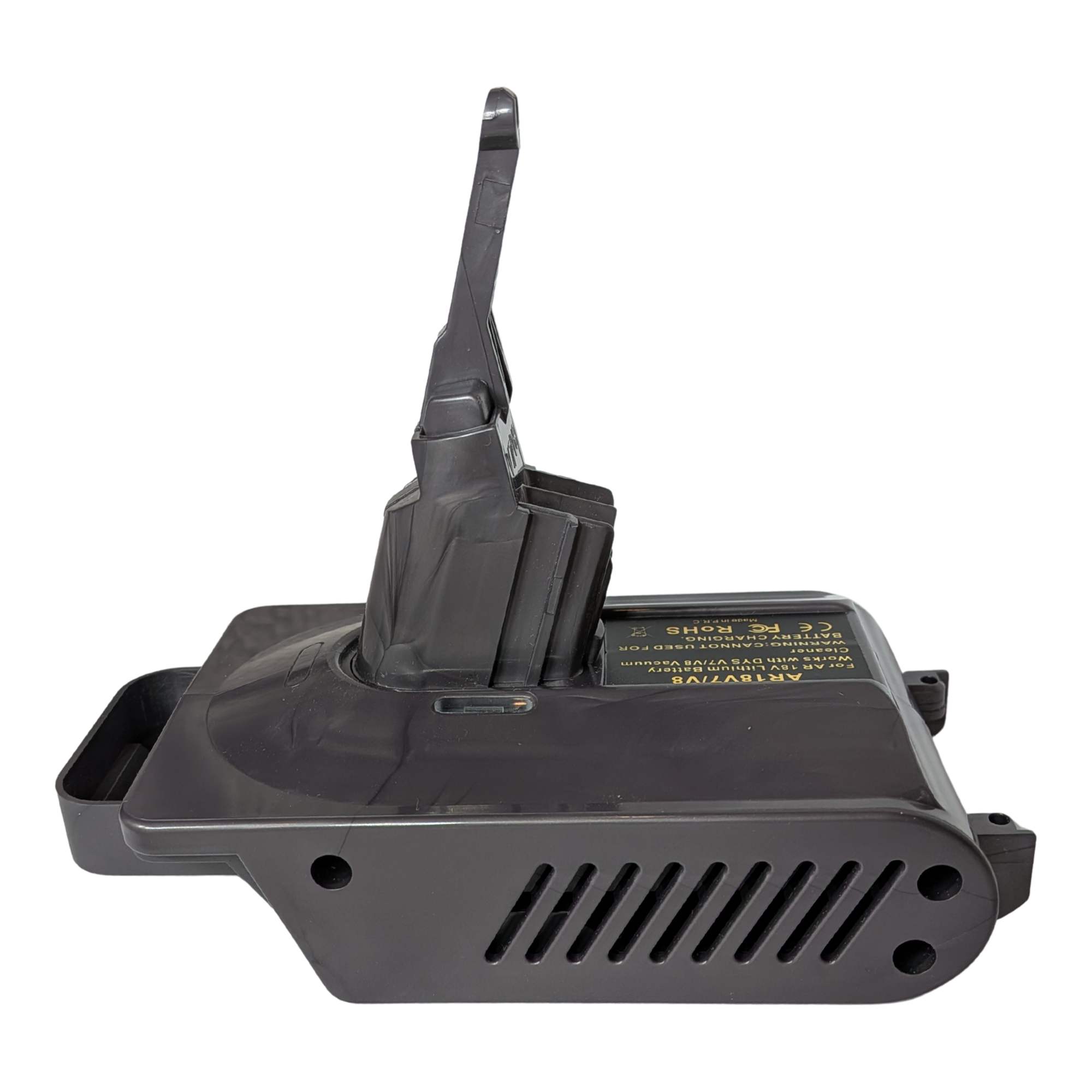 RIDGID 18V to Dyson V8 battery adapter - side view showing the Dyson tool-side stem, vent grille and warning label