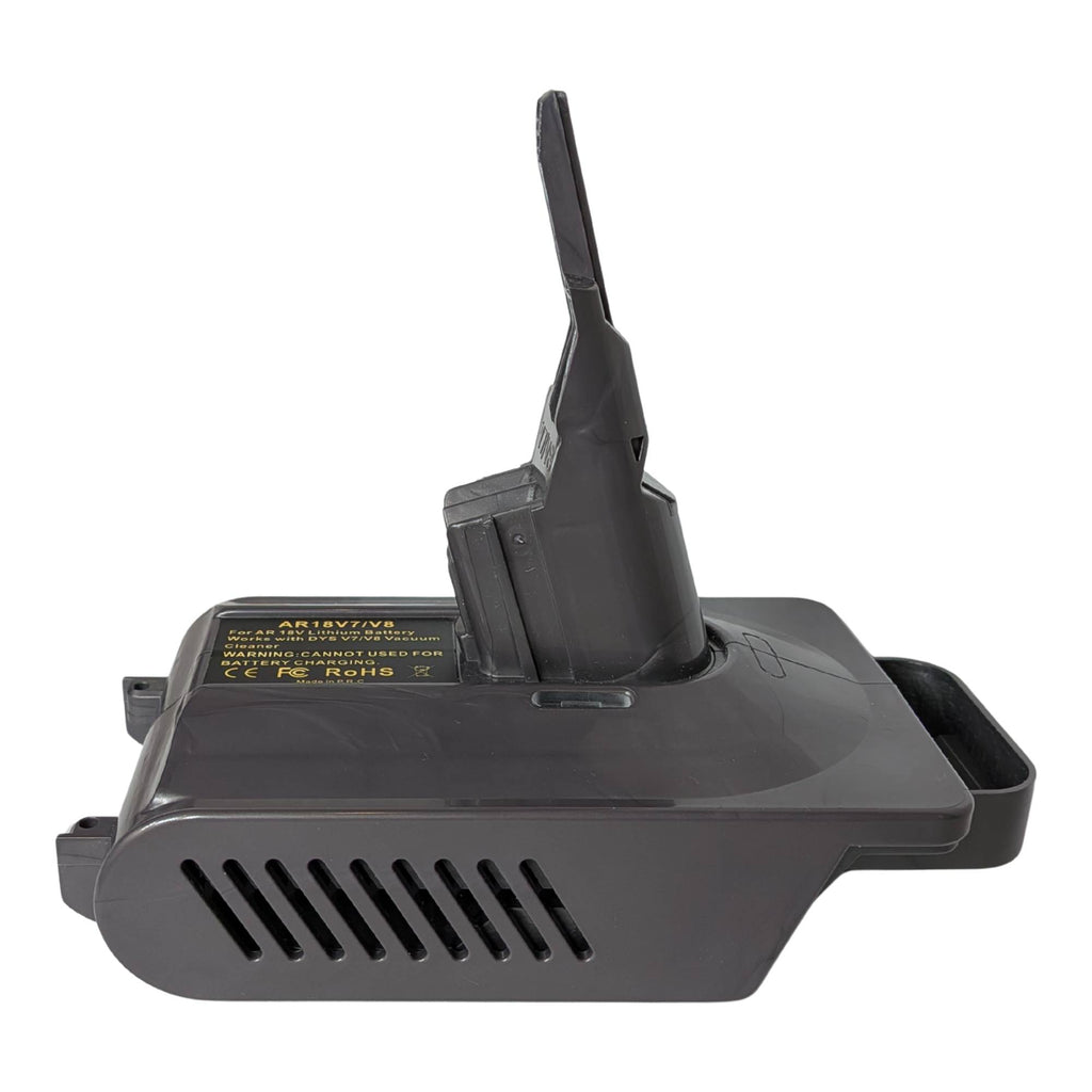 RIDGID 18V to Dyson V8 battery adapter - side view showing the Dyson tool-side stem, vent grille and warning label