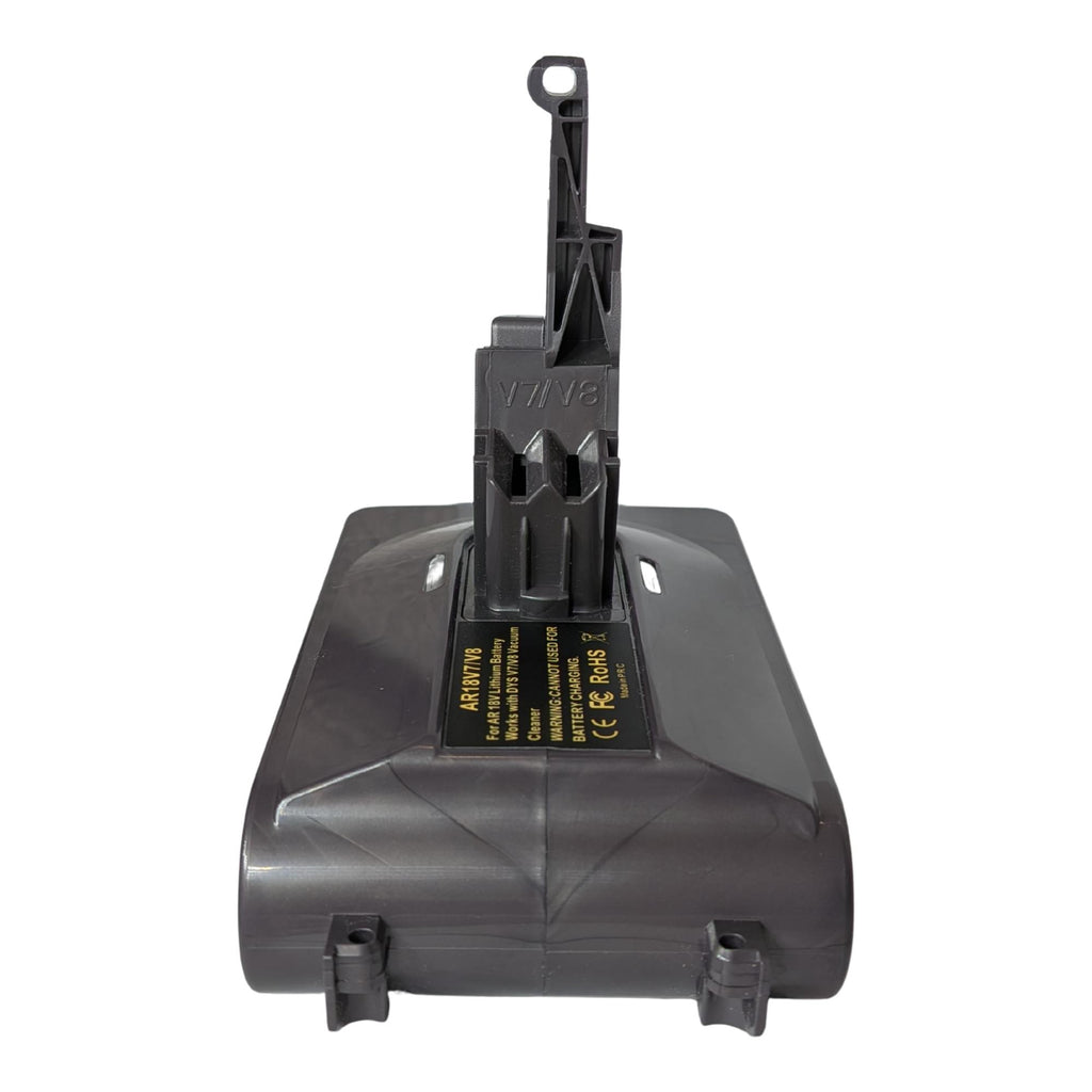 RIDGID 18V to Dyson V8 battery adapter - rear view of the Dyson tool-side stem and release catch, battery-side lugs