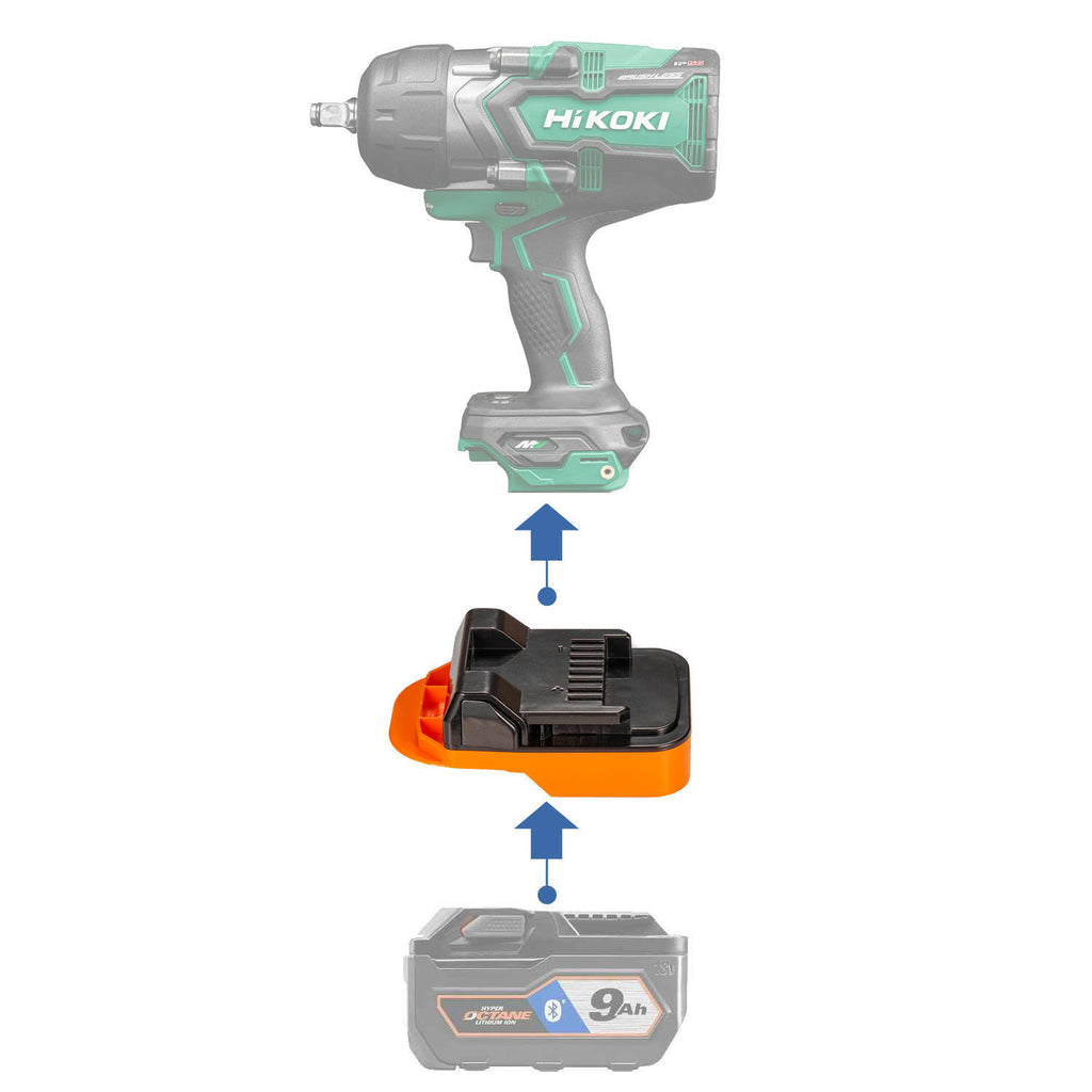 RIDGID 18V to Hikoki 18V battery adapter - compatibility diagram showing battery, adapter and impact wrench