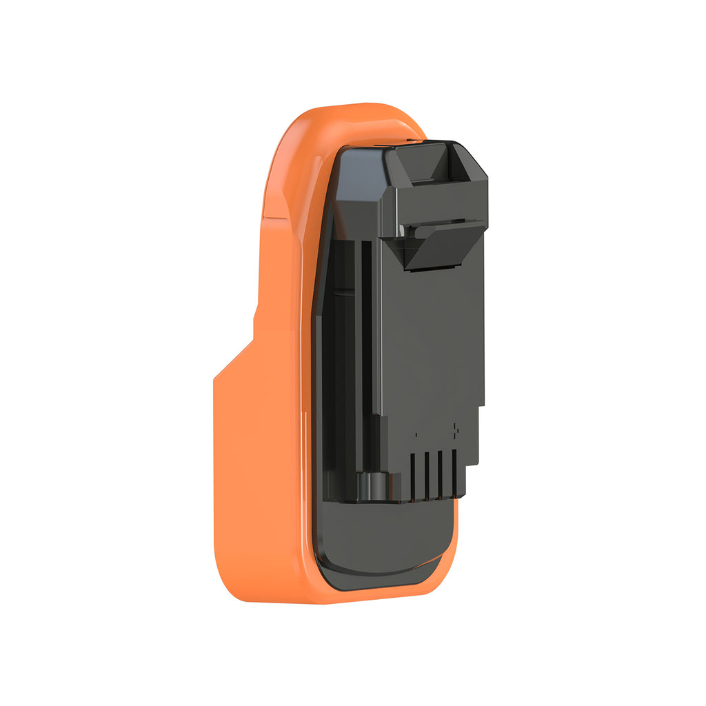 RIDGID 18V to Black and Decker 20V battery adapter - black tool-side connection with its central rail, on the orange body