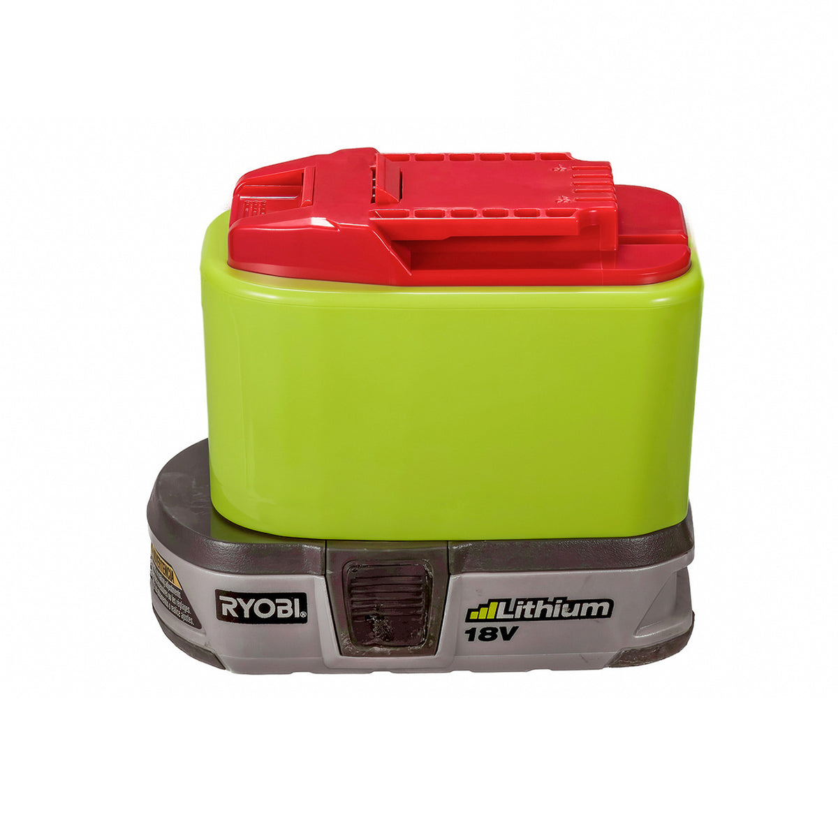 Ryobi 18V ONE+ to Bauer 20V battery adapter - fitted to the Ryobi 18V ONE+ battery, red tool-side connection upward