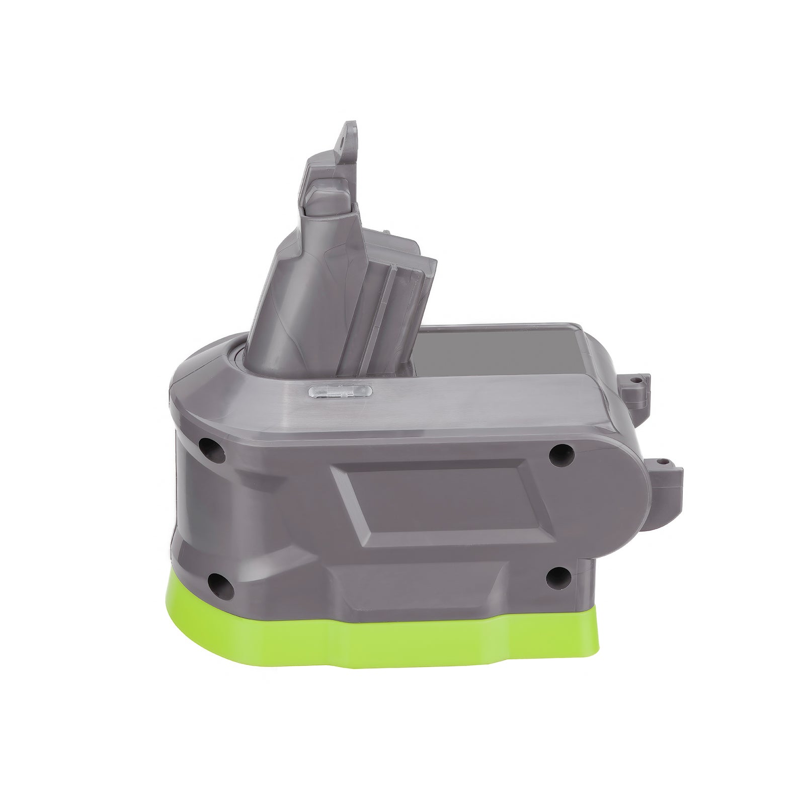 Ryobi 18V ONE+ to Dyson V6 battery adapter - side view, tool-side stem above the body and base band