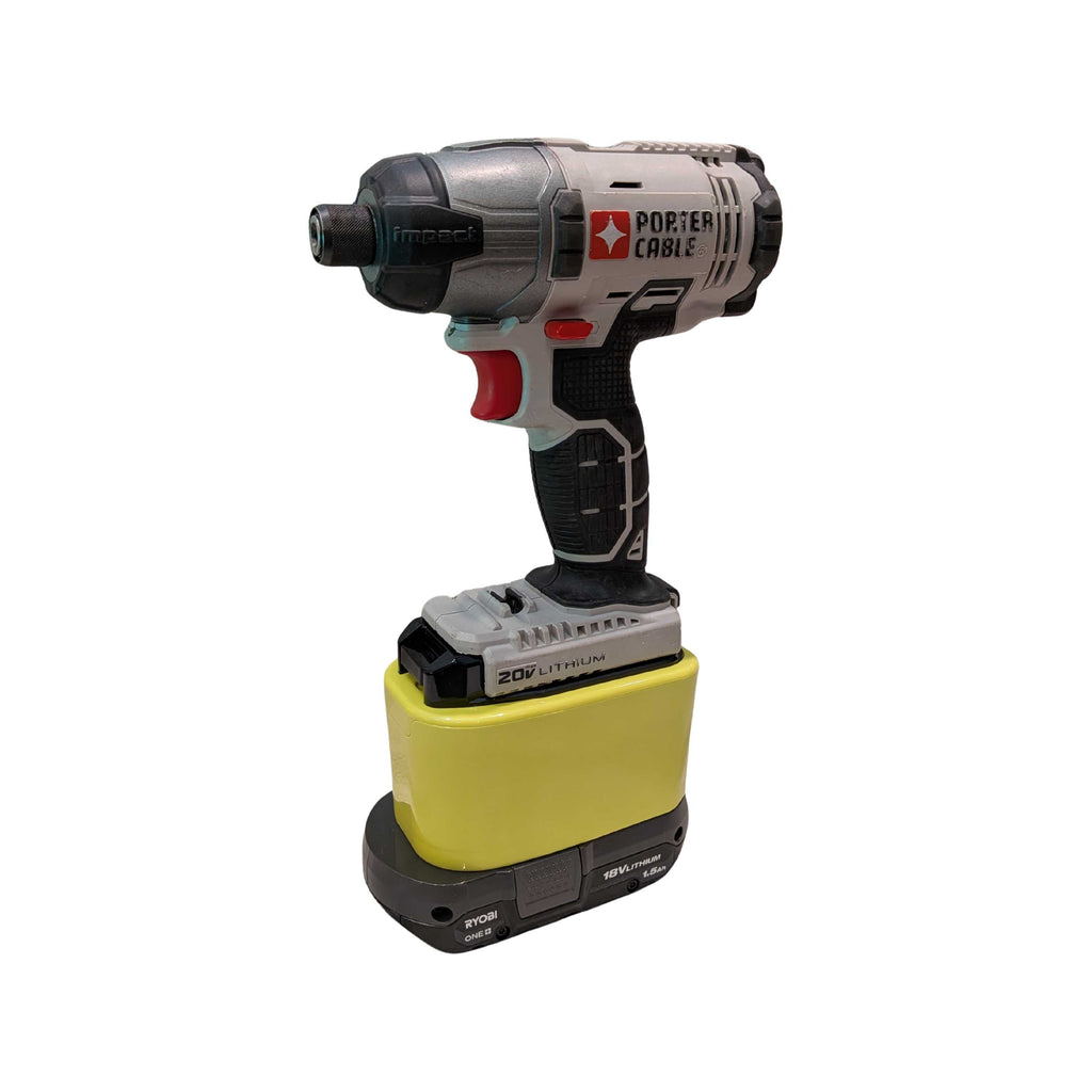Ryobi 18V ONE+ to Porter Cable 20V battery adapter - installed on an impact driver with the battery pack fitted