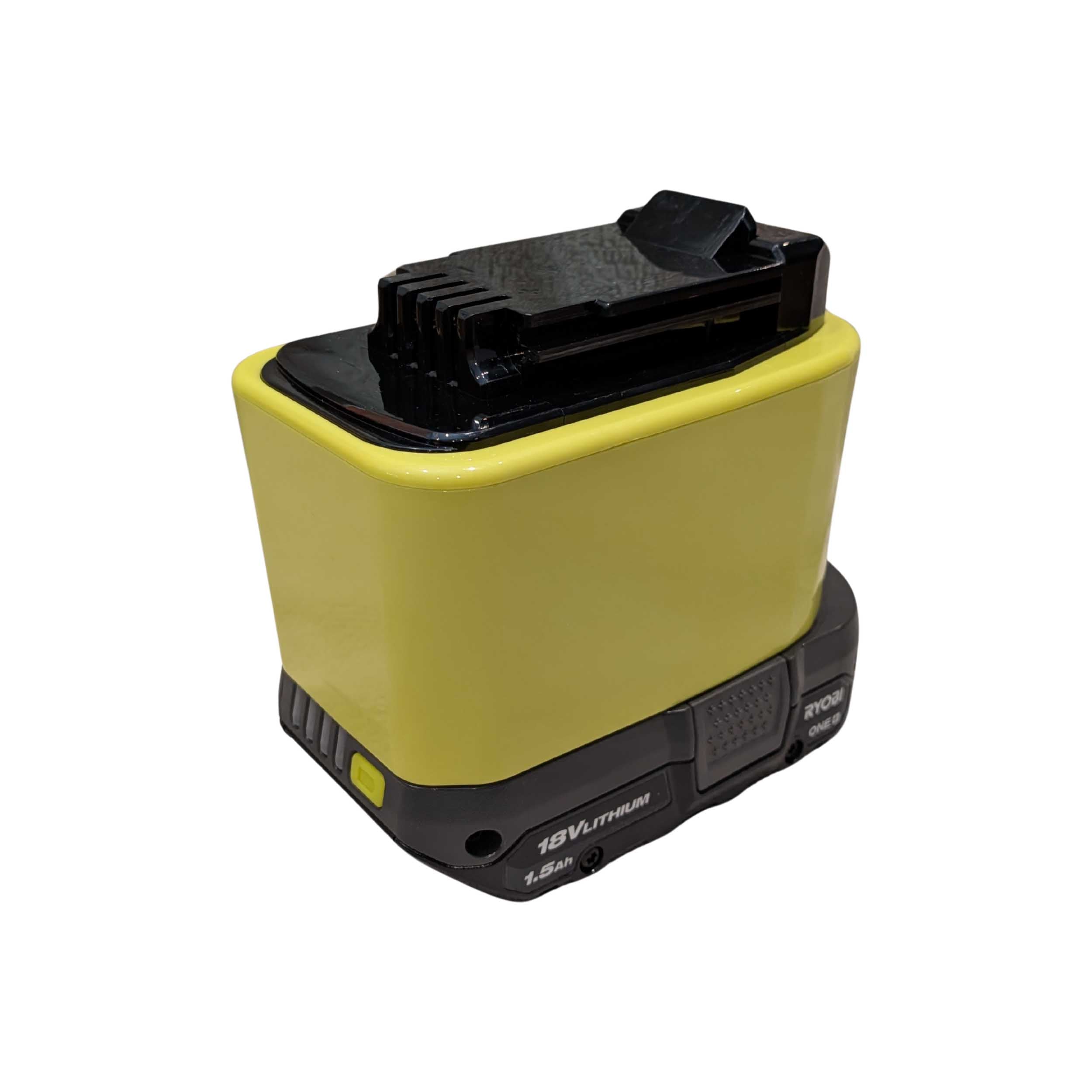 Ryobi 18V ONE+ to Porter Cable 20V battery adapter - fitted to the battery, tool-side connection upward, rail channel visible