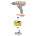 Ryobi 18V ONE+ to RIDGID 18V battery adapter - compatibility diagram showing battery, adapter and drill driver