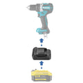 Stanley V20 to Makita 18V LXT battery adapter - compatibility diagram showing battery, adapter and hammer drill
