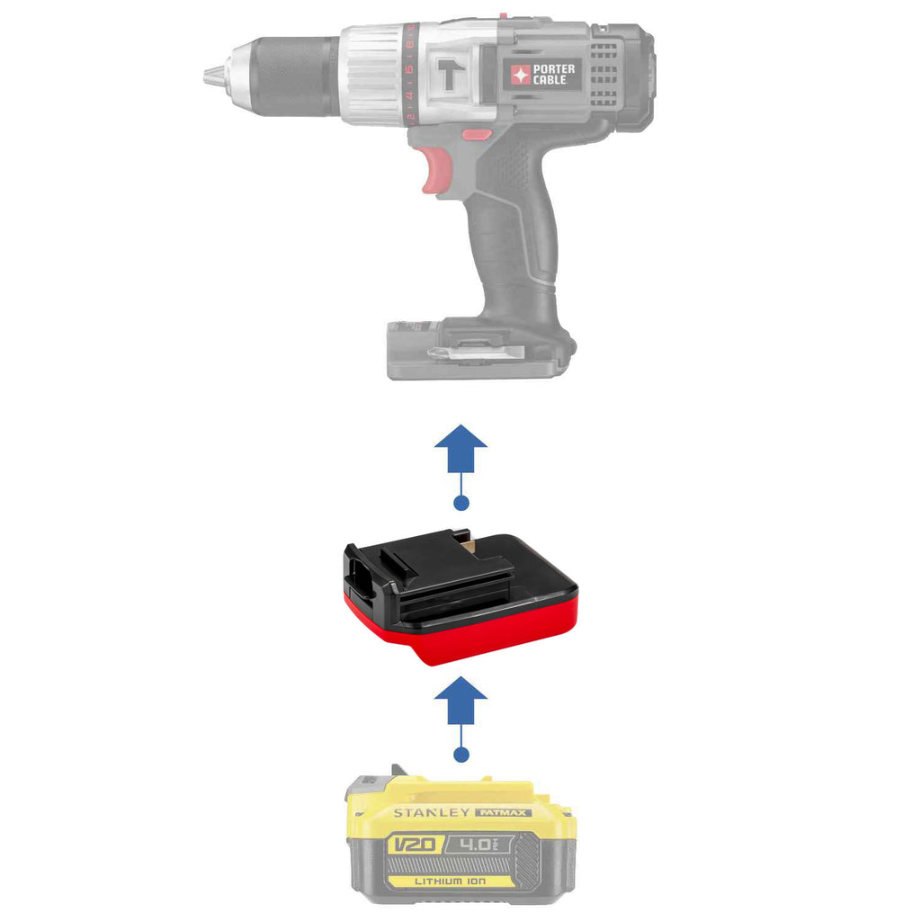 Stanley V20 to Porter Cable 18V Ni-Cd battery adapter - compatibility diagram showing battery, adapter and hammer drill