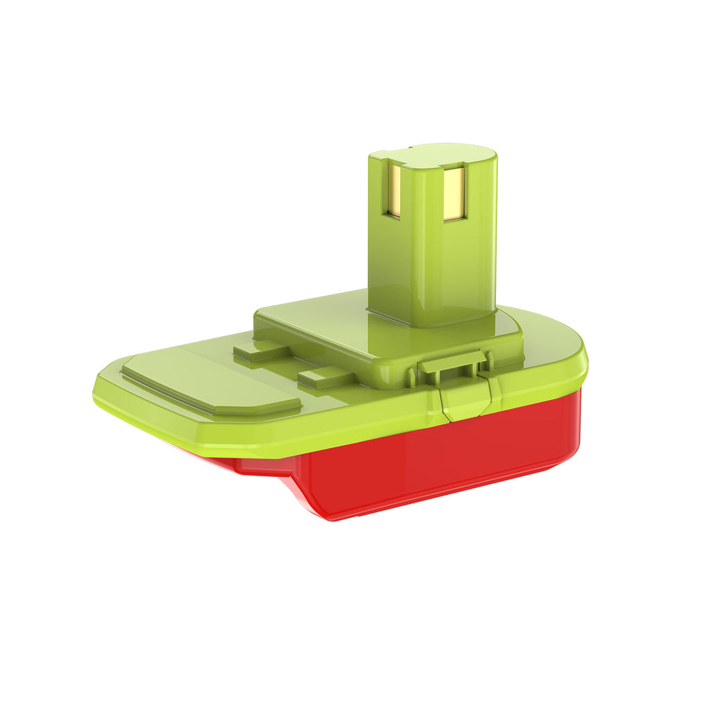 Stanley FATMAX V20 to Ryobi 18V ONE+ battery adapter - green Ryobi tool-side stem with copper contacts and latch tabs over the red