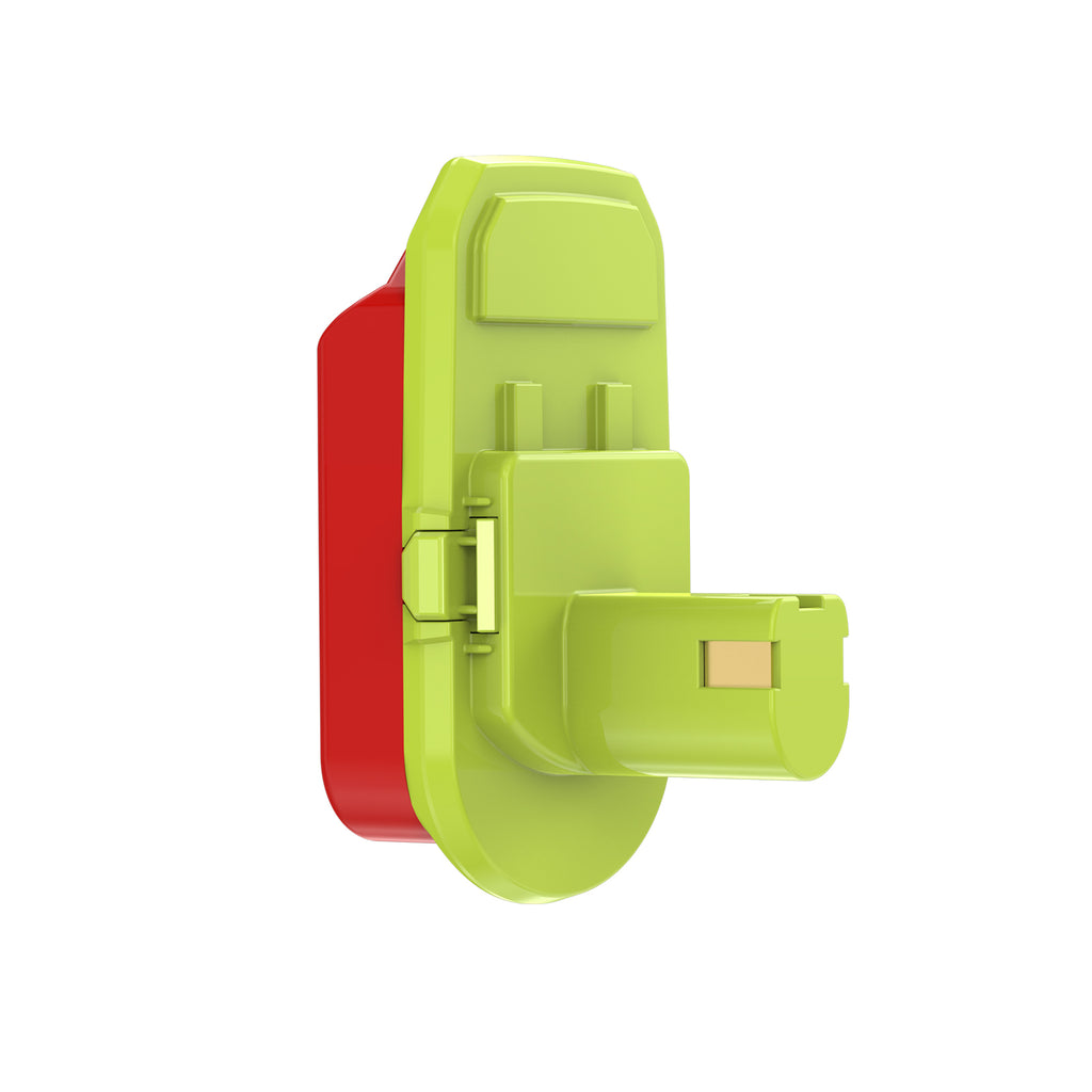 Stanley FATMAX V20 to Ryobi 18V ONE+ battery adapter - side view showing the green Ryobi tool-side stem and the red battery-side