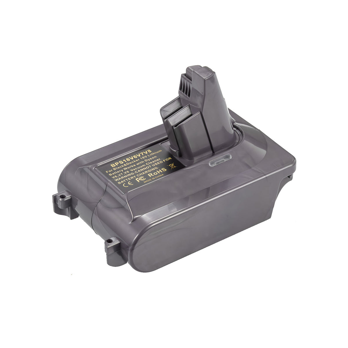 Black and Decker 20V to Dyson V6 battery adapter - Dyson V6 tool-side post upward on the battery-side body