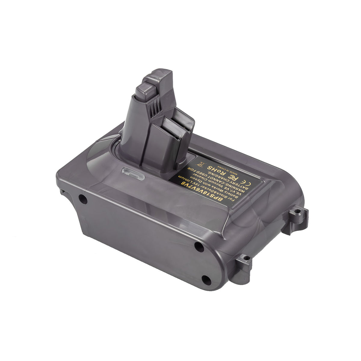 Black and Decker 20V to Dyson V6 battery adapter - Dyson V6 tool-side post upward on the battery-side body