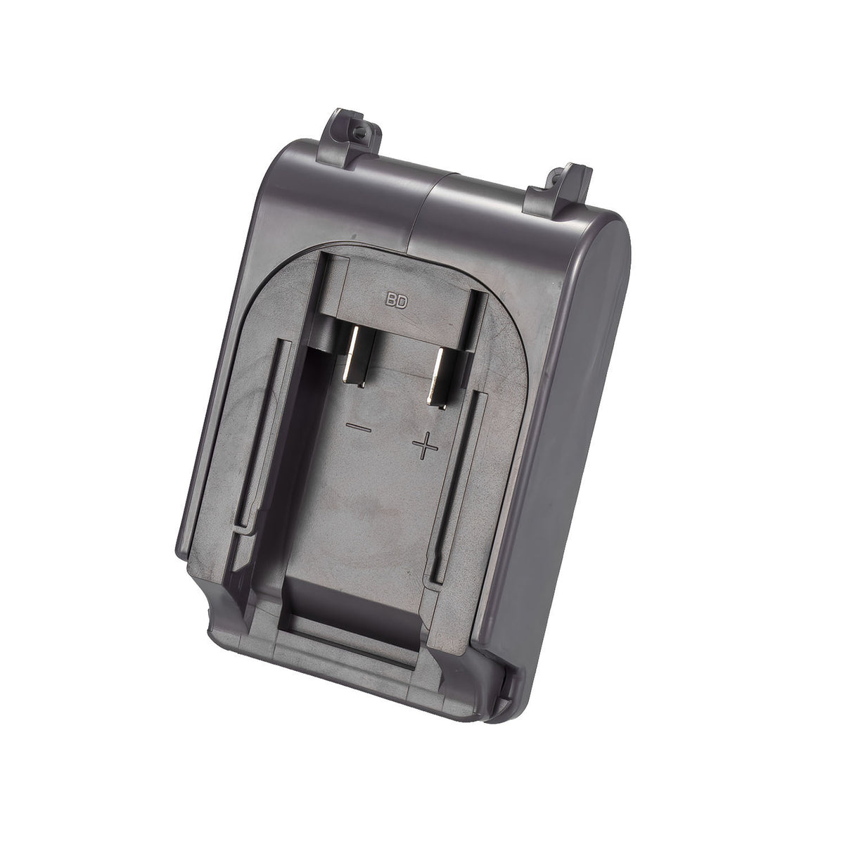 Black and Decker 20V to Dyson V6 battery adapter - battery-side connection, twin copper terminal blades and polarity marks