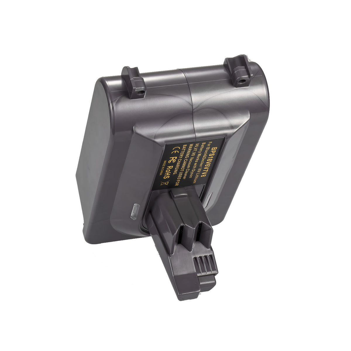 Black and Decker 20V to Dyson V6 battery adapter - Dyson V6 tool-side post and hook latch, printed label on the body