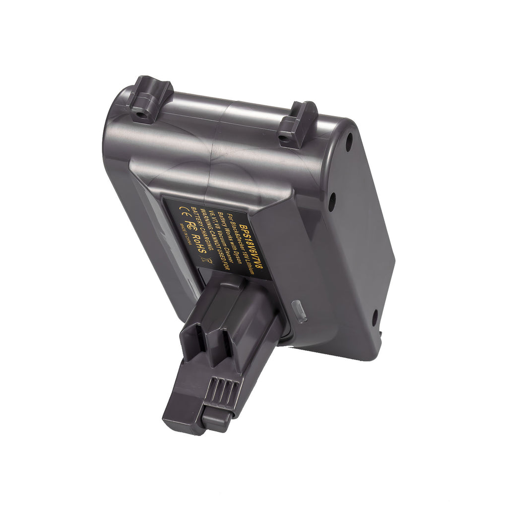 Black and Decker 20V to Dyson V6 battery adapter - Dyson V6 tool-side post and hook latch, printed label on the body