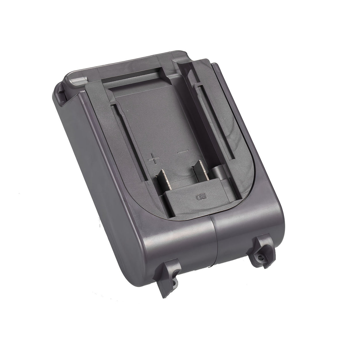 Black and Decker 20V to Dyson V6 battery adapter - battery-side connection, twin copper terminal blades and polarity marks
