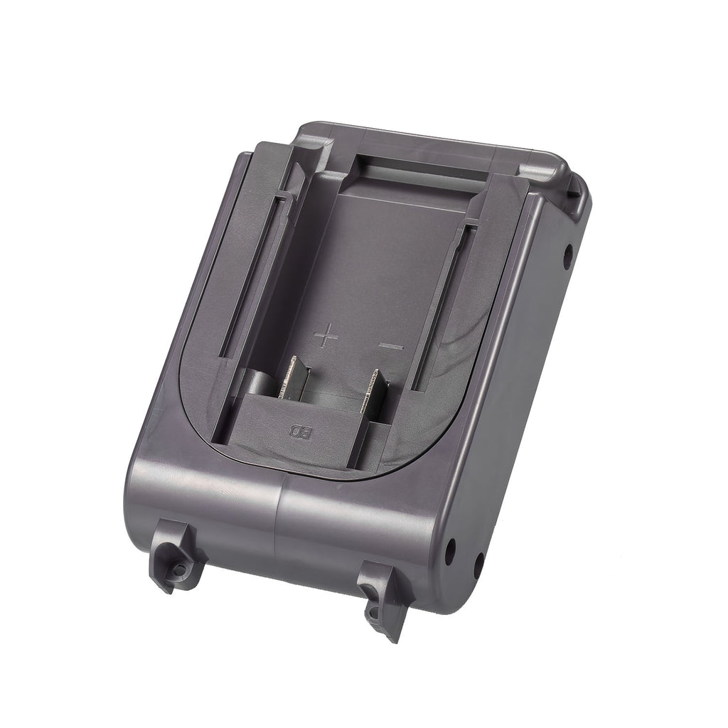 Black and Decker 20V to Dyson V6 battery adapter - battery-side connection, twin copper terminal blades and polarity marks