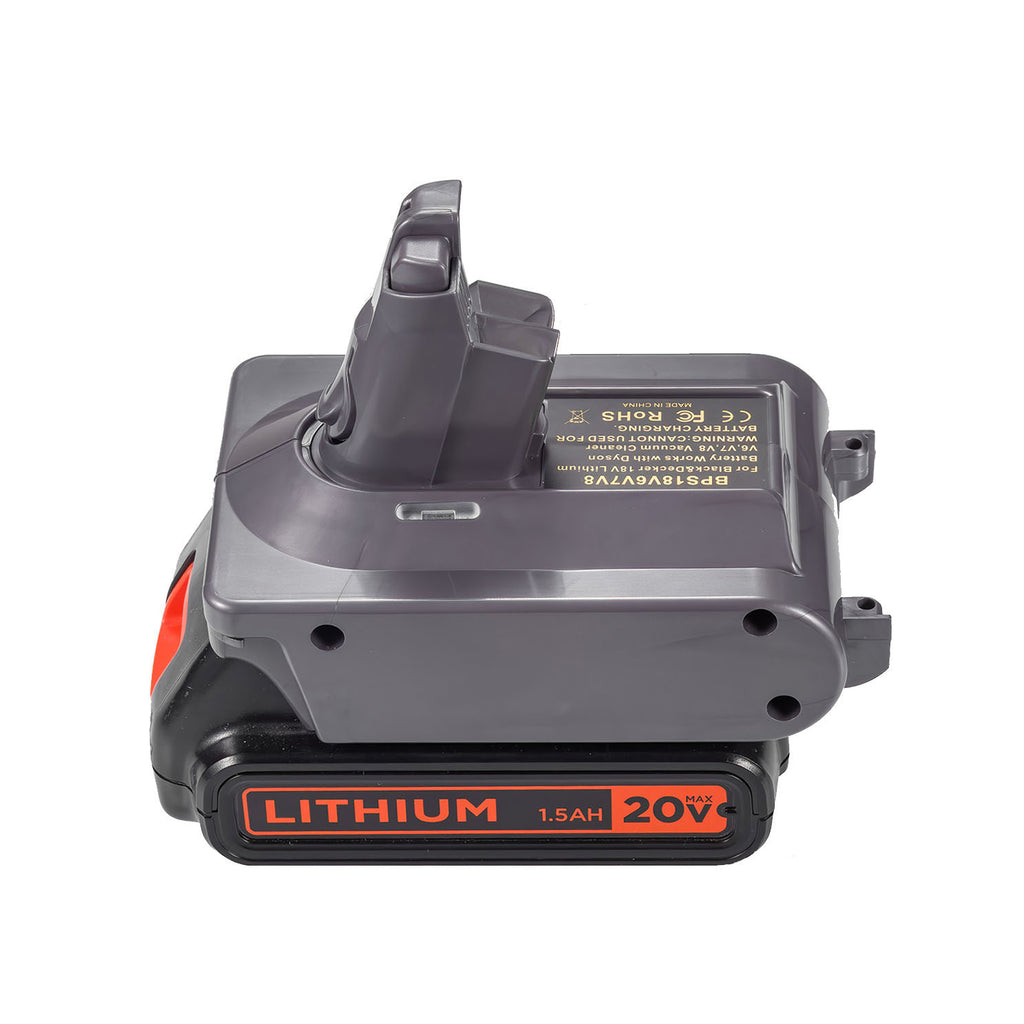 Black and Decker 20V to Dyson V6 battery adapter - fitted to the Black and Decker 20V battery, Dyson V6 tool-side post upward