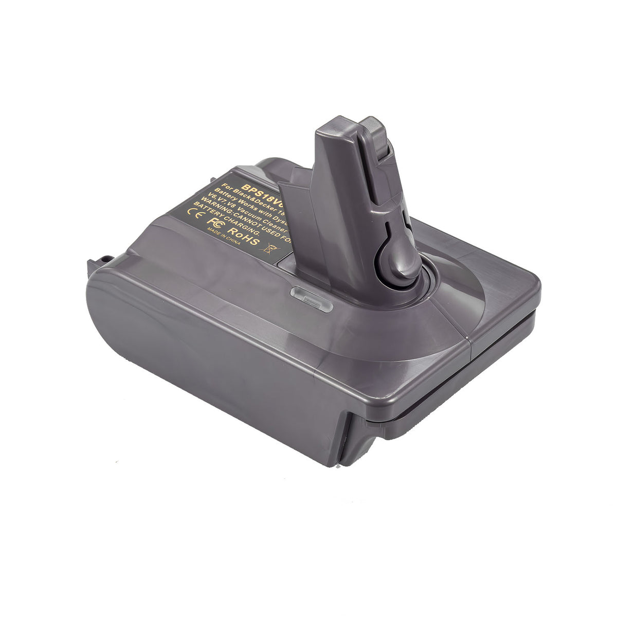 Black and Decker 20V to Dyson V6 battery adapter - Dyson V6 tool-side post upward on the battery-side body