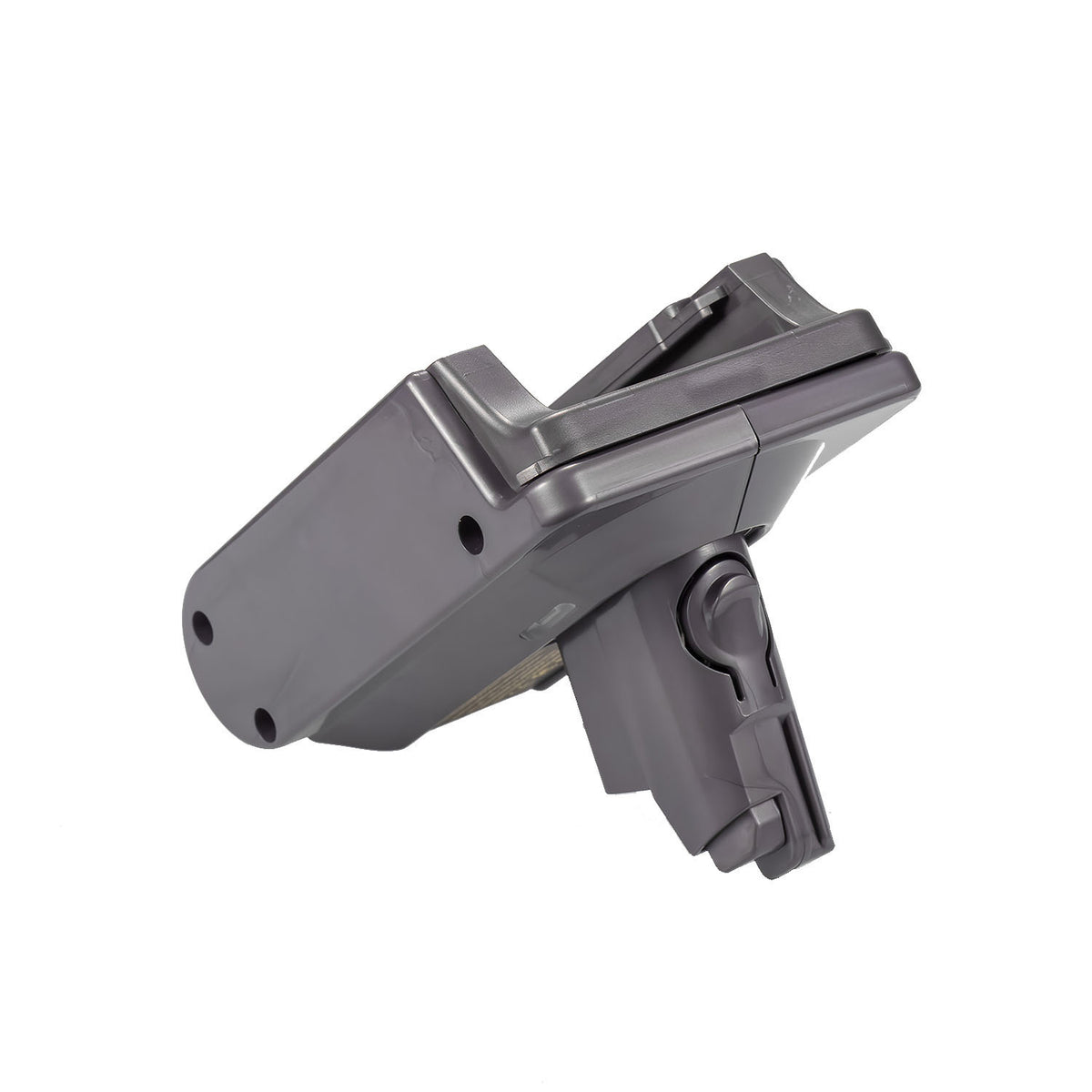 Black and Decker 20V to Dyson V8 battery adapter - side view with the hooked Dyson stem and the battery-side slide channel