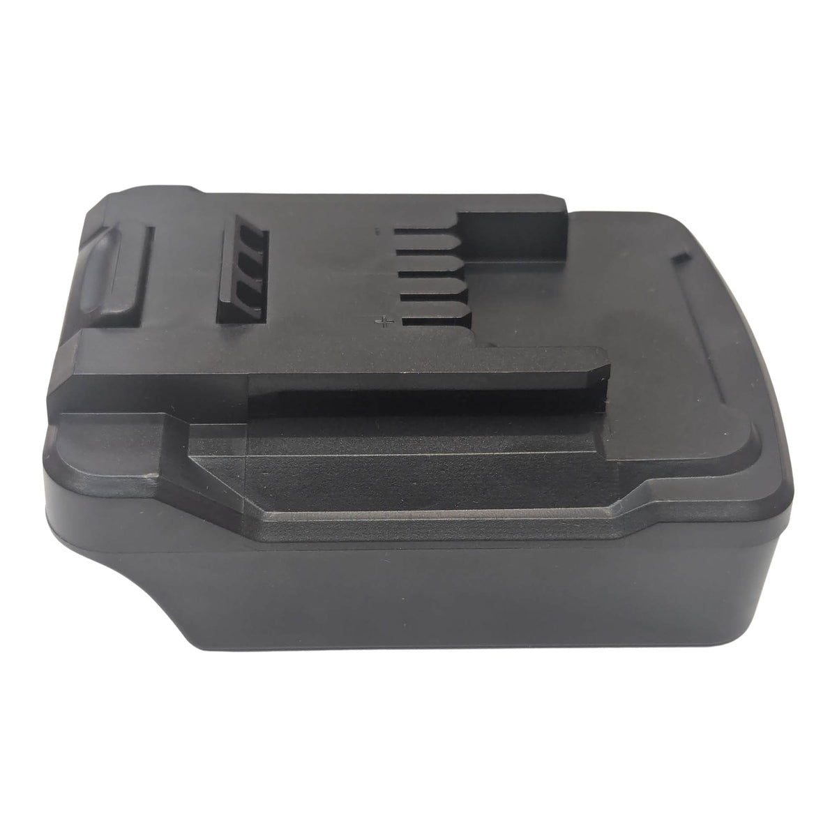 Black and Decker 20V to Einhell 18V PXC battery adapter - side view with the Einhell tool-side connection uppermost