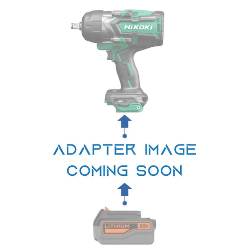 Black and Decker 20V to Hikoki 18V battery adapter - placeholder reading adapter image coming soon, faded impact wrench above
