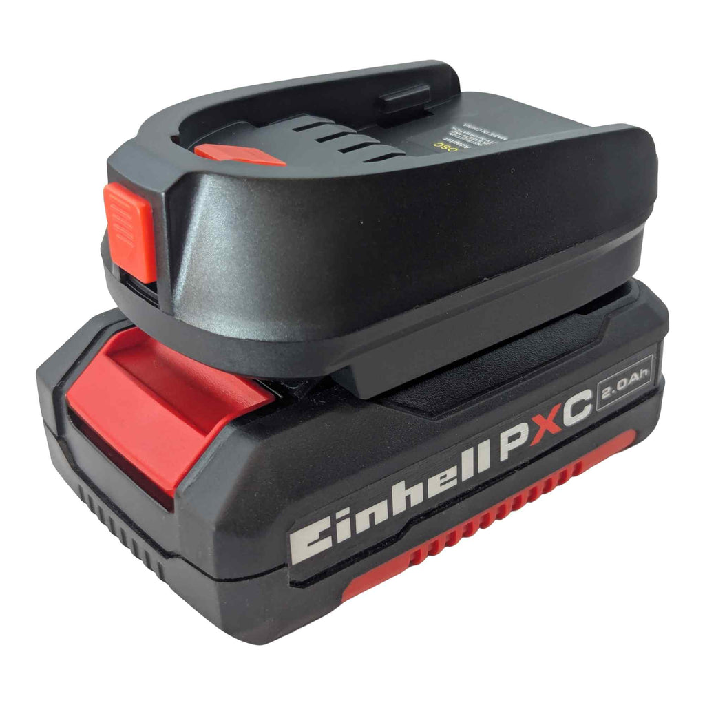 Einhell 18V PXC to Husqvarna 18V Aspire P4A battery adapter - adapter mounted on Einhell PXC battery front angle