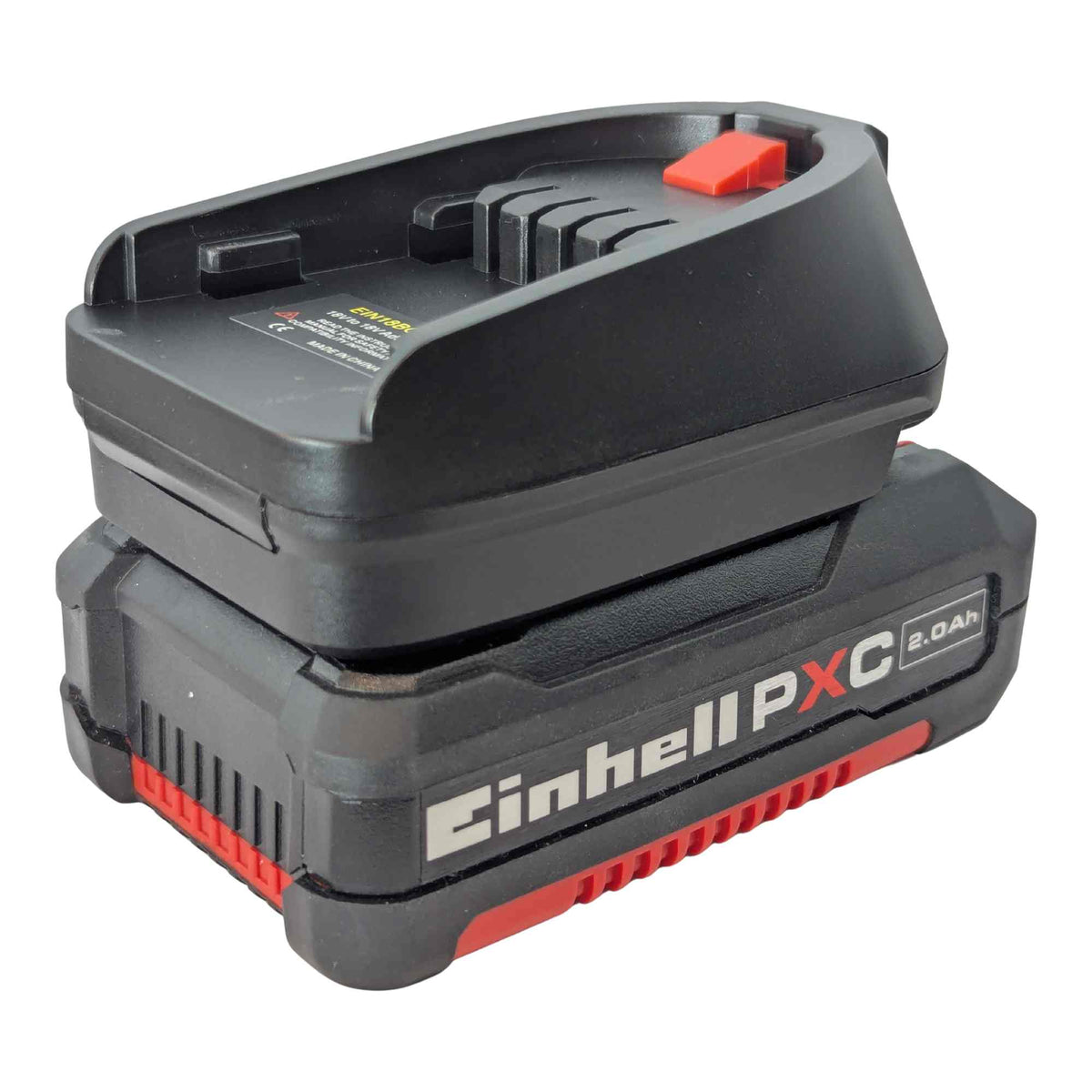 Einhell 18V PXC to Husqvarna 18V Aspire P4A battery adapter - adapter mounted on Einhell PXC battery rear angle
