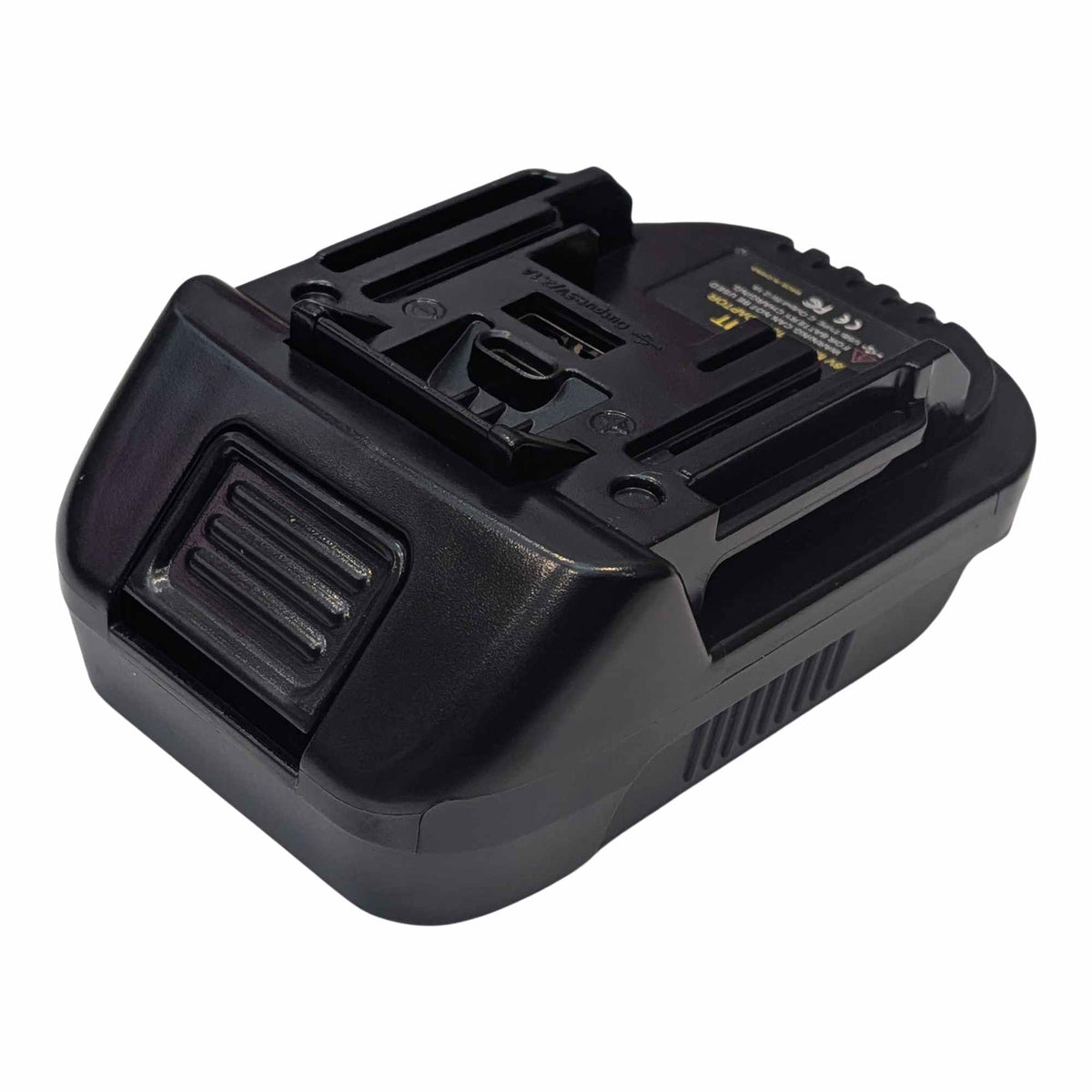 Ozito 18V PXC to RIDGID Plumbing battery adapter - RIDGID tool-side connection, angled view of the rails and centre latch