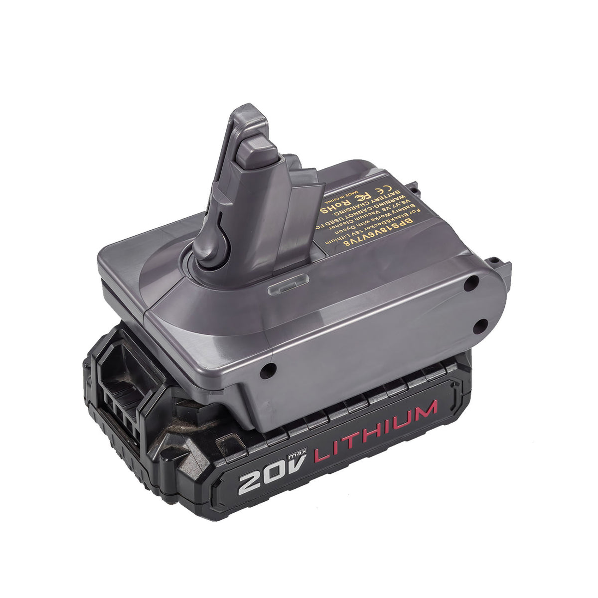 Porter Cable 20V to Dyson V6 battery adapter - fitted to the Porter Cable 20V battery, Dyson tool-side stem upward