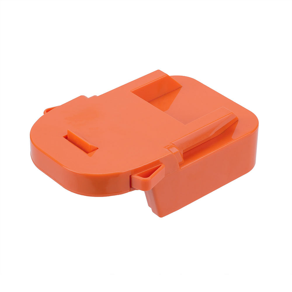 DeWalt 20V MAX to RIDGID 18V battery adapter - top view of the tool-side face, moulded latch arm with finger tab