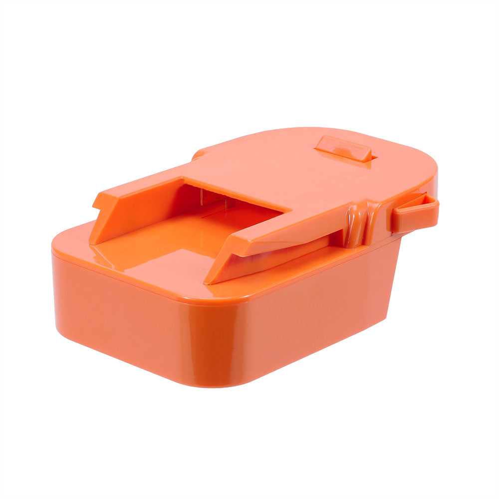 DeWalt 20V MAX to RIDGID 18V battery adapter - tool-side connection, rail channel between raised guides and the latch arm