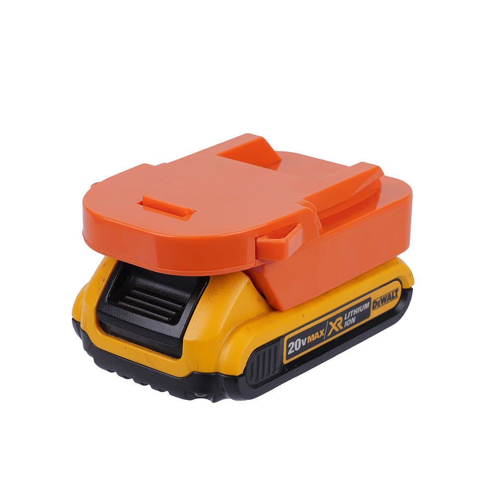 DeWalt 20V MAX to RIDGID 18V battery adapter - fitted to the DeWalt 20V MAX battery, orange body and latch above the battery