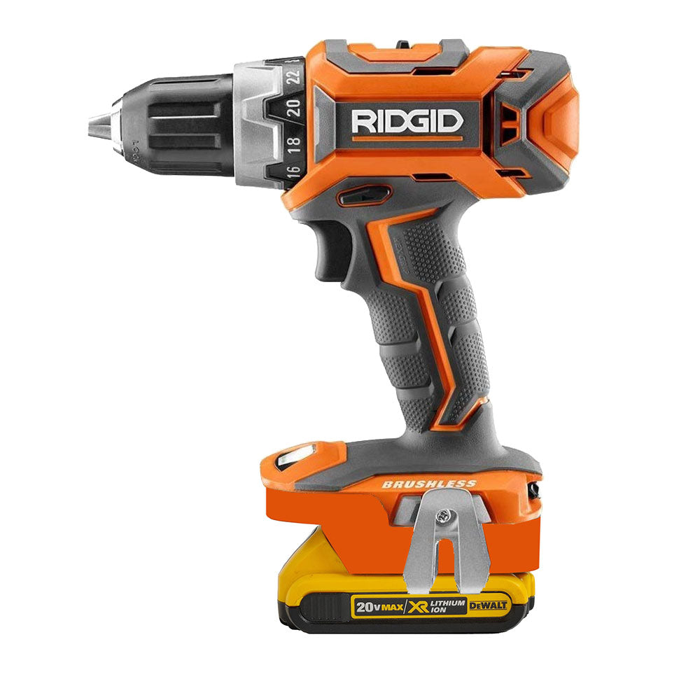 DeWalt 20V MAX to RIDGID 18V battery adapter - installed on a RIDGID drill with the DeWalt battery attached